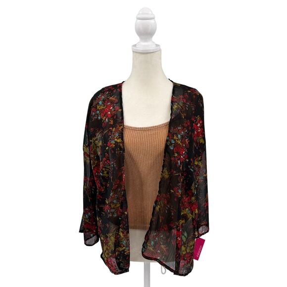 Xhilaration Floral Kimono Cardigan Womens XS Black Open Front Sheer Summer Cover - Picture 1 of 10